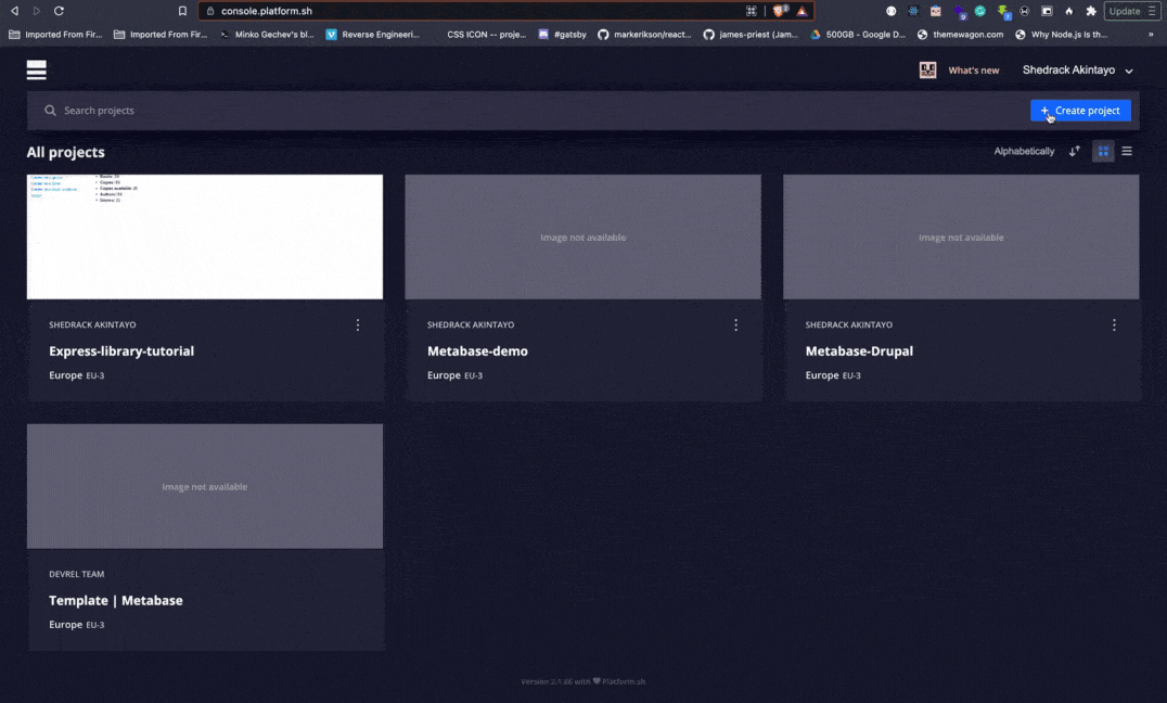 An animation of the user choosing from a list of templates to create a new project via the Platform.sh console.