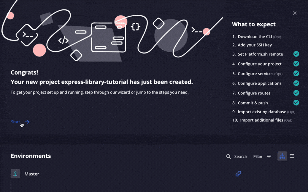 An animation of the user going through all steps of the setup wizard in the Platform.sh console.