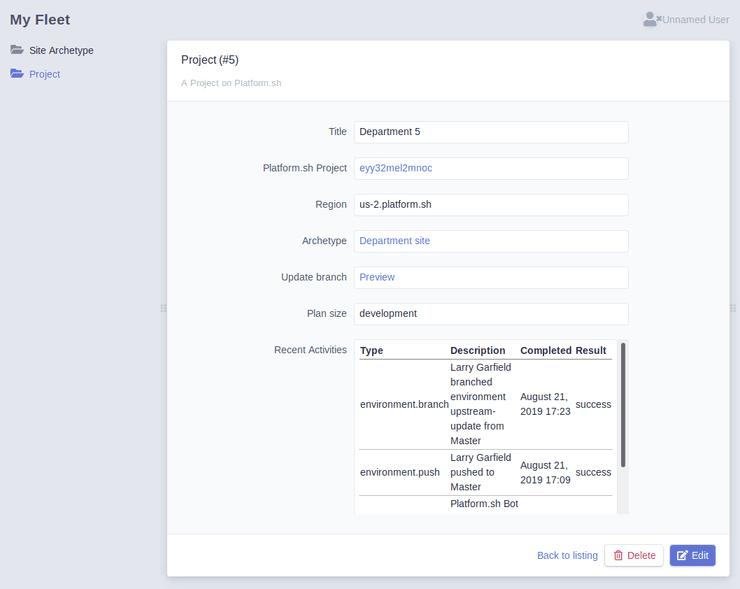 A project page showing information from the API