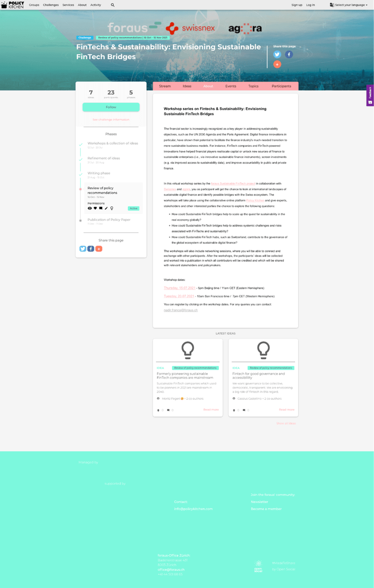 Screenshot from Policy Kitchen showing an extended description and signup details for the Sustainable Fintech Bridges workshop series