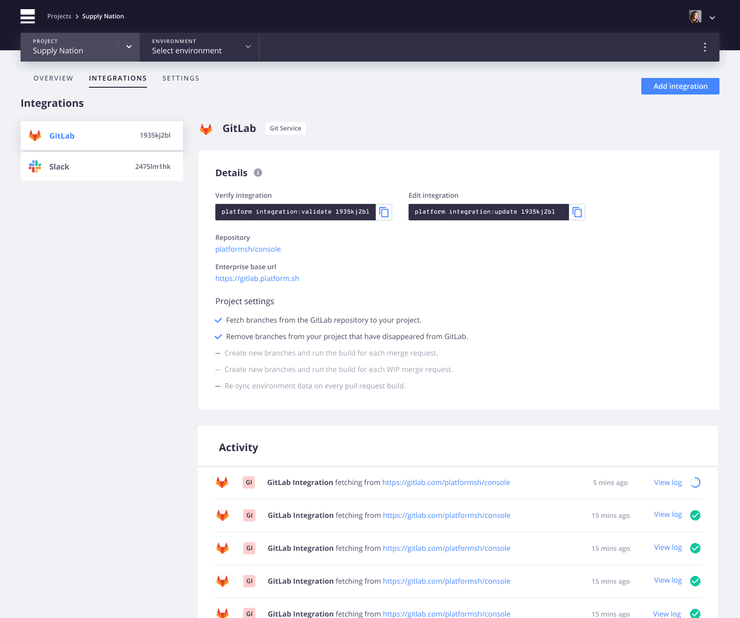 Screenshot of Platform.sh integrations activities in web console.